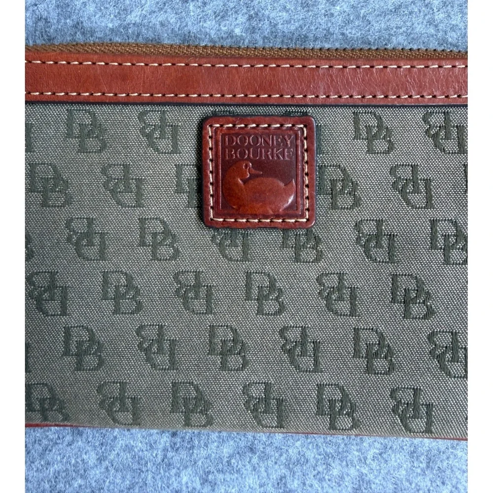Dooney & Bourke Signature DB Logo Canvas Leather Wrislet Clutch Brown
